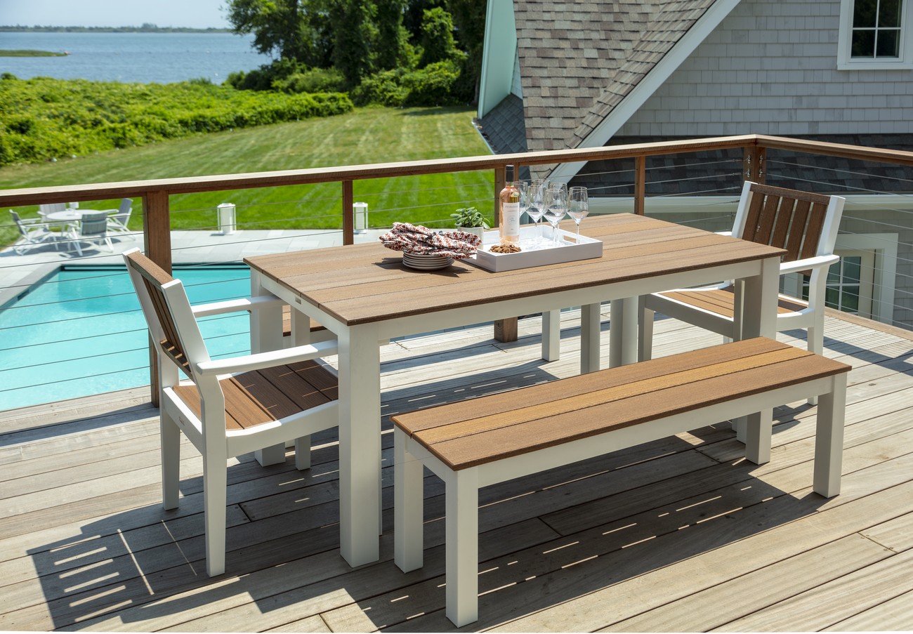 Greenwich Dining Table with Bench Slatted Back Style - Heathered Teak, White