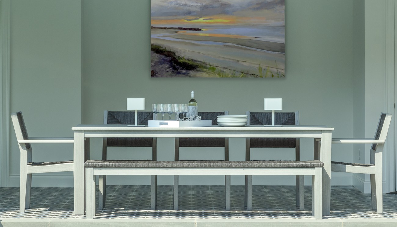 Greenwich Dining Table with Bench Woven Seat of 8 - Heathered Stone, Charcoal Hyacinth